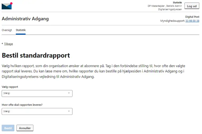 Skærmbillede af bestillingsflow for Standardrapporter i Statistikmodulet i Administrativ Adgang