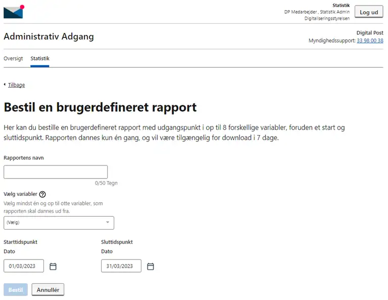 Skærmbillede af bestillingsflow for Brugerdefinerede rapporter i Statistikmodulet i Administrativ Adgang