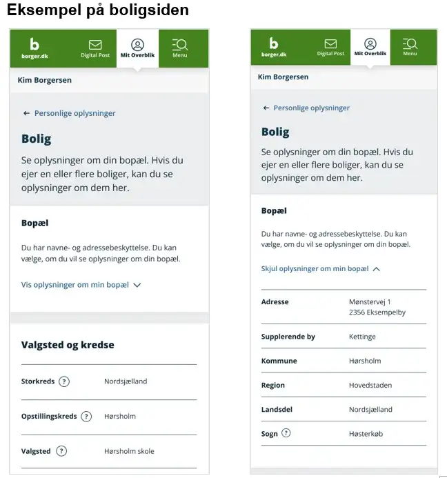 Sk&aelig;rmbillede, der viser justeringen i visningen af navne- og adressebeskyttelse p&aring; Mit Overblik p&aring; borger.dk