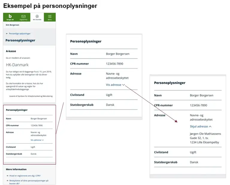 Sk&aelig;rmklip, der viser justeringen i visningen af navne- og adressebeskyttelse p&aring; Mit Overblik p&aring; borger.dk