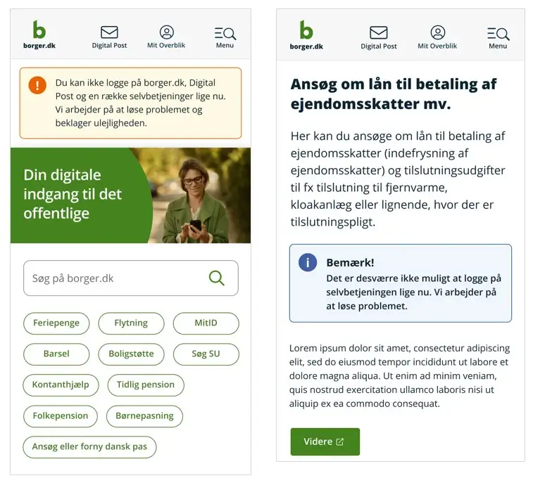 Sk&aelig;rmklip, der viser det nye design af driftsbeskeder til Mit Overblik og borger.dk.