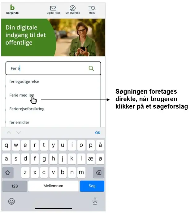 Sk&aelig;rmklip, der viser s&oslash;geforslag med links (direkte s&oslash;gning) p&aring; borger.dk.
