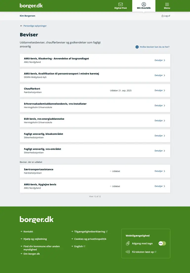 Sk&aelig;rmbillede, der viser listevisning med uddannelsesbeviser, chauff&oslash;rbeviser og godkendelser som fagligt ansvarlig p&aring; Mit Overblik p&aring; borger.dk.