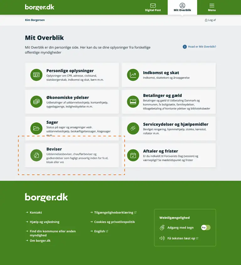 Sk&aelig;rmbillede, der viser hvordan emnet 'Beviser' nu vises som selvst&aelig;ndig indgang p&aring; forsiden af Mit Overblik p&aring; borger.dk.