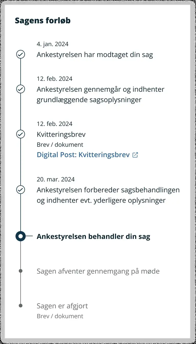 Sk&aelig;rmklip, der viser sagsforl&oslash;b med direkte link til relevant besked i Digital Post p&aring; Mit Overblik p&aring; borger.dk. 