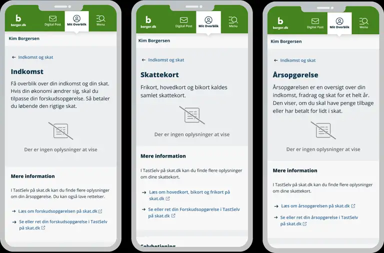 Sk&aelig;rmklip, der viser den nye visning, n&aring;r borgerne ikke har data p&aring; omr&aring;derne Indkomst, Skattekort eller &Aring;rsopg&oslash;relse p&aring; Mit Overblik p&aring; borger.dk.