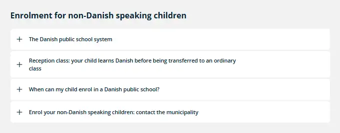 Sk&aelig;rmbillede, der viser det nye indhold om Enrolment for non-Danish speaking children, som er indsat p&aring; siden om skolestart p&aring; lifeindenmark.dk